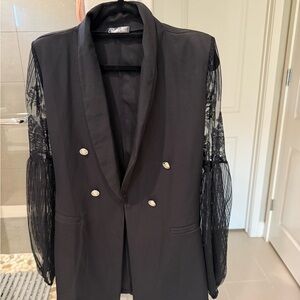 Chic Black Lace Sleeve Women's Blazer with Lacey sleeves